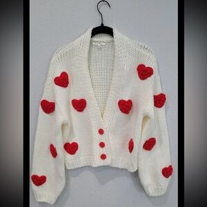 Cozy Heart Patterned Cardigan - White and Red